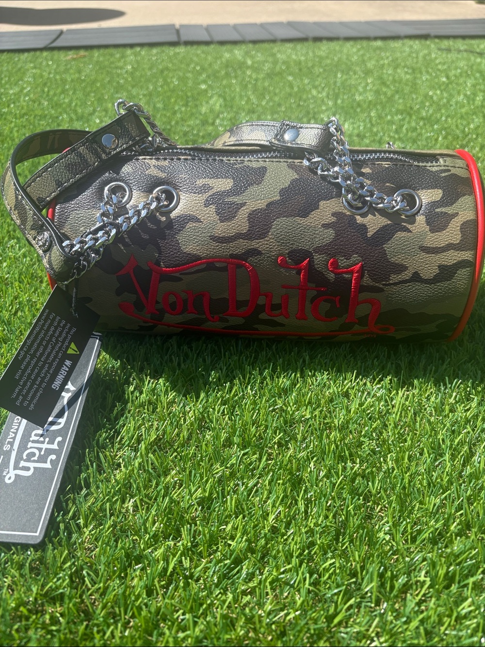 Von Dutch Camo Barrel Bag in Green with Red Trim and Silver Chain